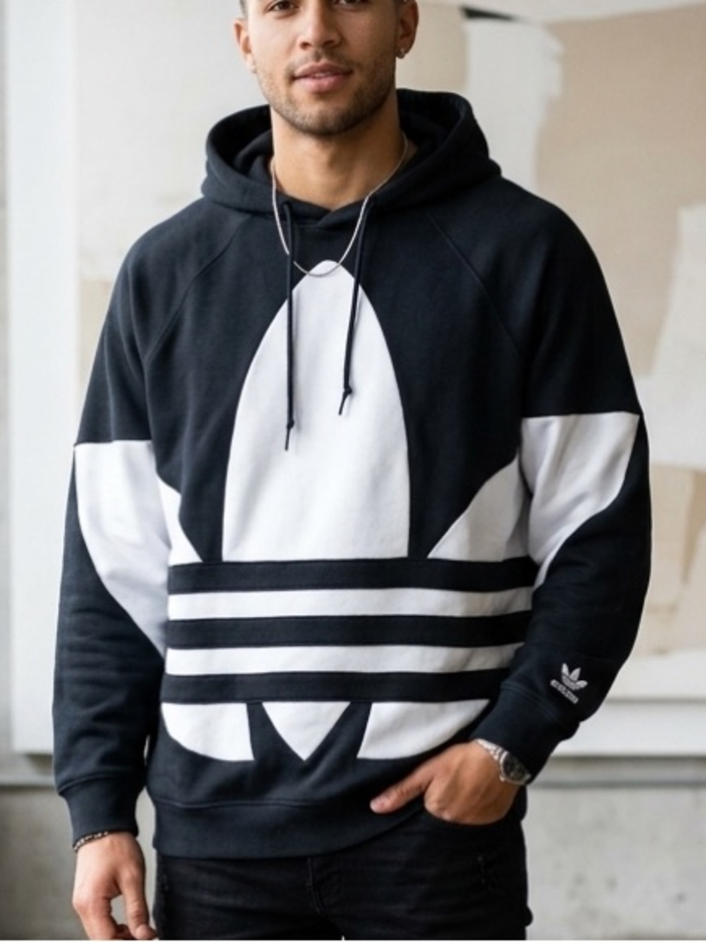 adidas Black & White Trefoil Graphic Pullover Hoodie